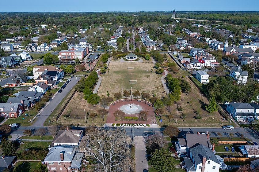 Aerial view of the Central Park in Historic Cape Charles, Virginia.