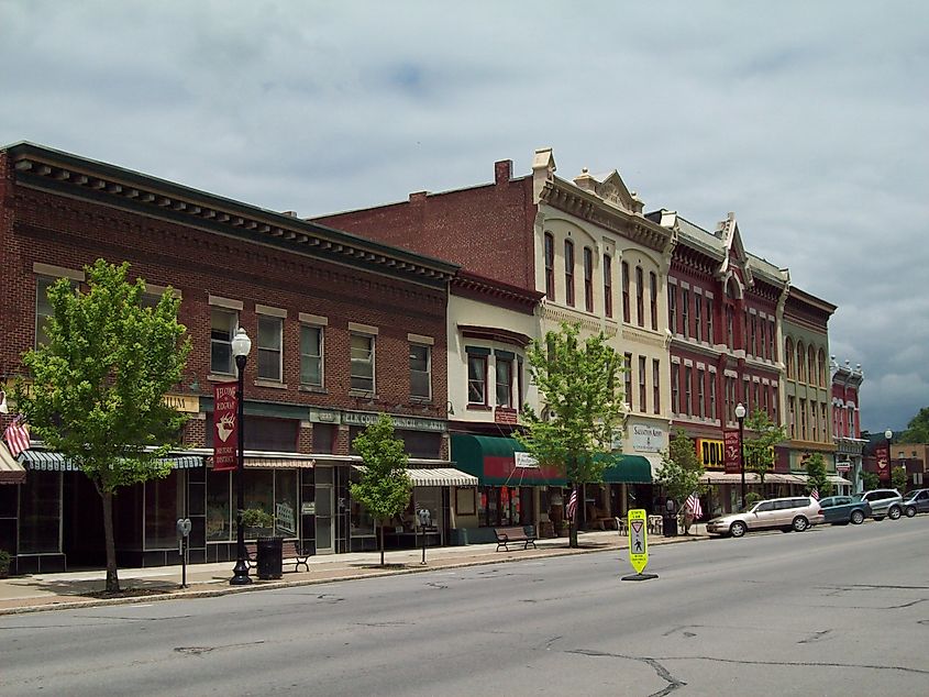 Buildings along the historic district in Ridgway, Pennsylvania.