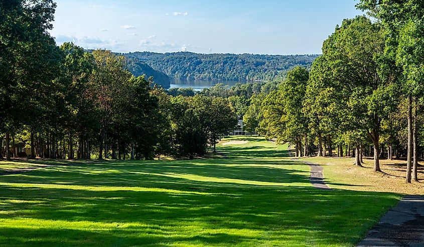 Panorama of the autumn fall colors from golf fairway surrounding Cheat Lake, Morgantown, West Virginia