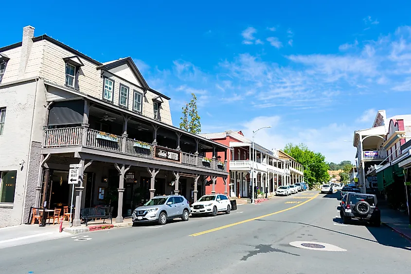 The downtown area of Sutter Creek, California, with hotels and local businesses.