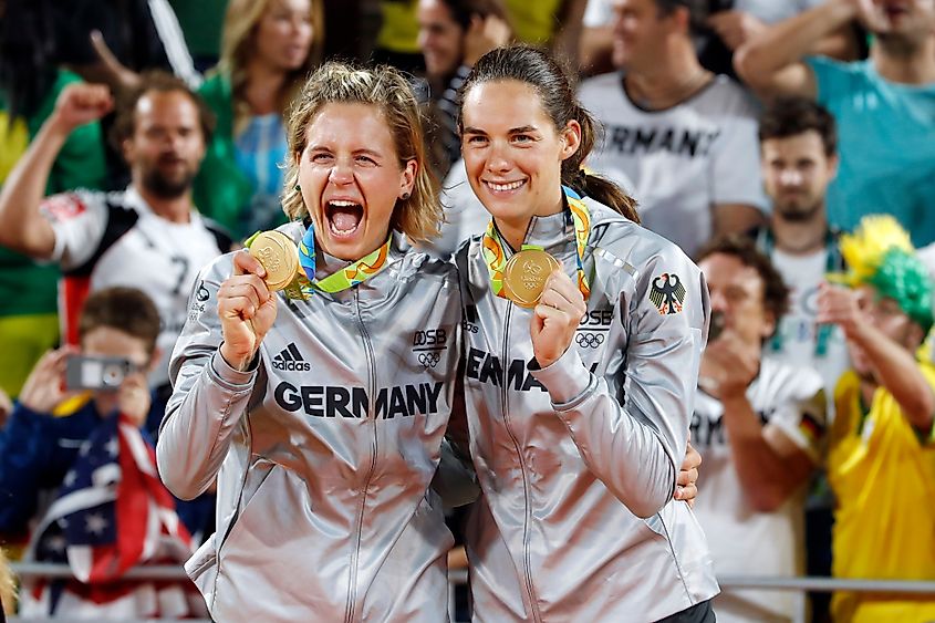 Laura Ludwig and Kira Walkenhorst of Germany beach volleyball team score gold medal final match at Rio 2016 Olympic Games. Editorial credit: Focus Pix / Shutterstock.com