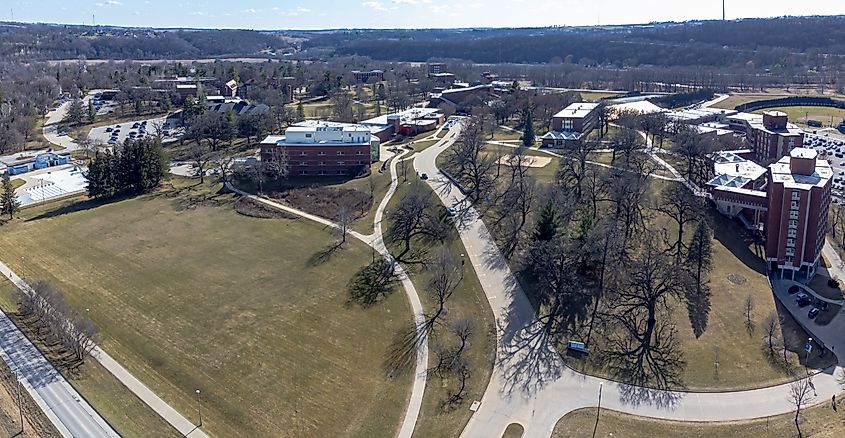 Aerial view of a college in Decorah, Iowa.