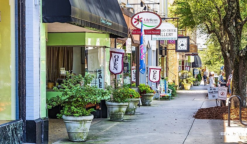 A colorful street in downtown Shelby, North Carolina.