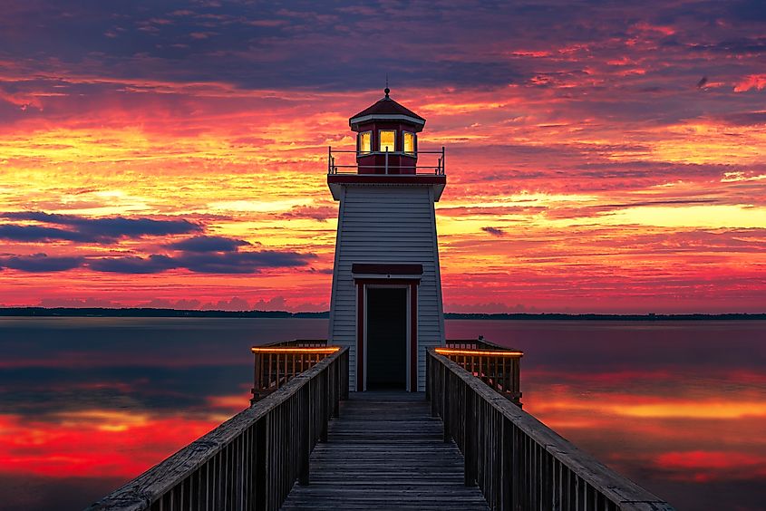 Scenic lighthouse against a calm lake and sunset sky in Grand Rivers, Kentucky