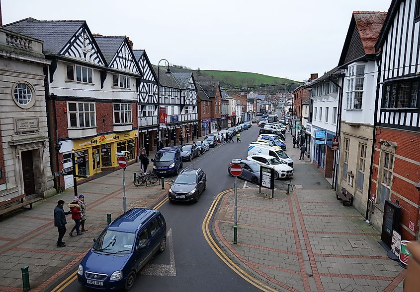 Broad Street in Newtown, Powys, Wales.