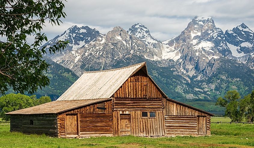 The John Moulton Barn and the Teton Range at Grand Teton National Park in Northwestern Wyoming.