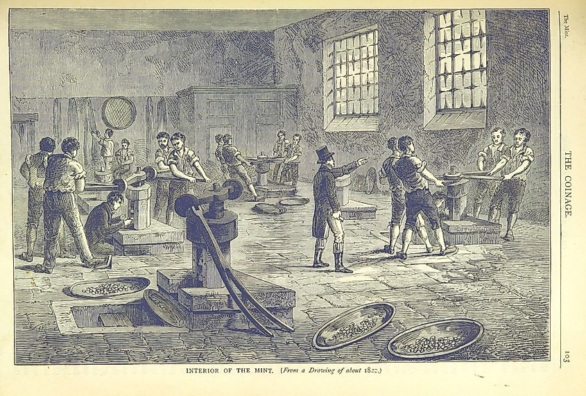 Mint interior with workers operating machinery, circa 1820. Image Credit British Library via Wikimedia Commons.