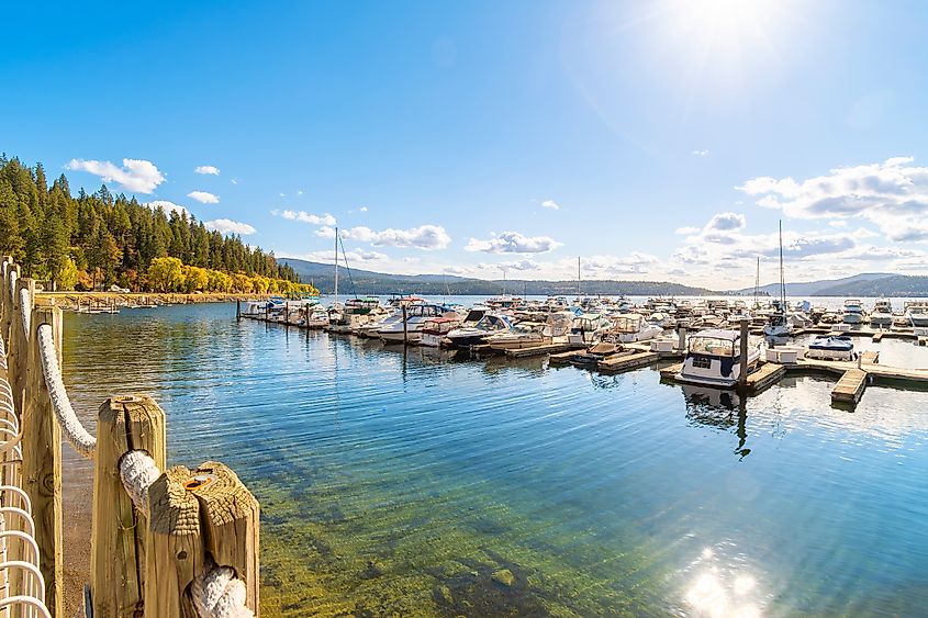 Silver Beach Marina along the lake at the resort mountain town of Coeur d'Alene, Idaho, USA.