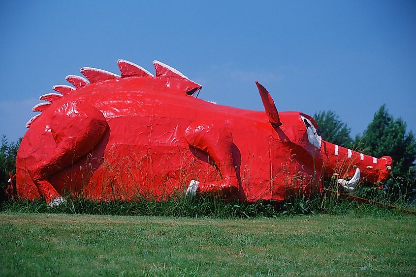 Roadside attraction of metal sculptured red dinosaur, Berryville AR