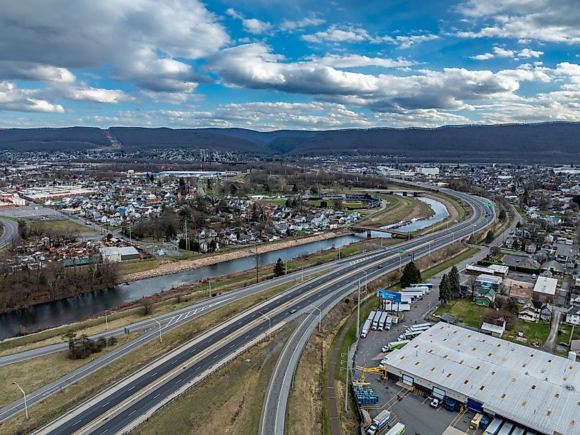 A cloudy winter-to-spring aerial view of Williamsport, Pennsylvania