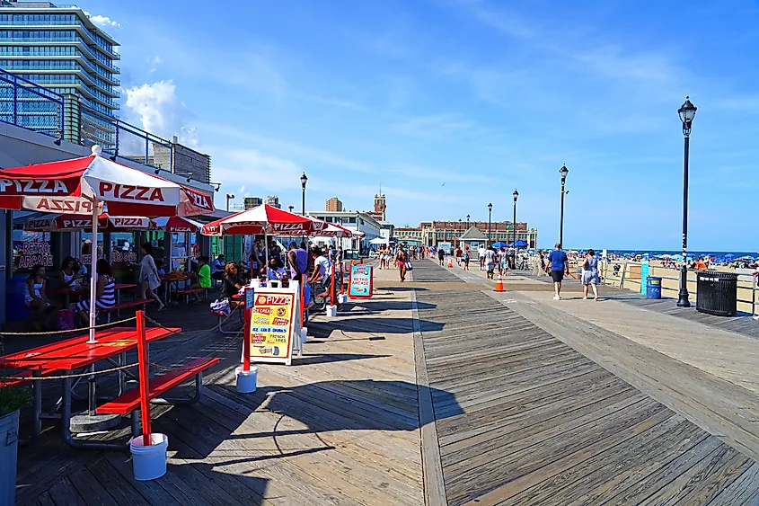 View of a busy beach boardwalk in Asbury Park, New Jersey