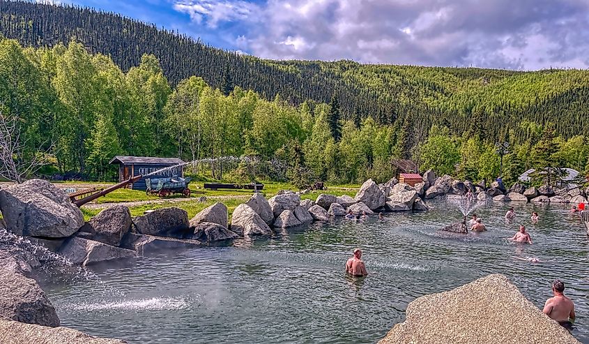 People relaxing in the Chena Hot Springs, Fairbanks, Alaska.