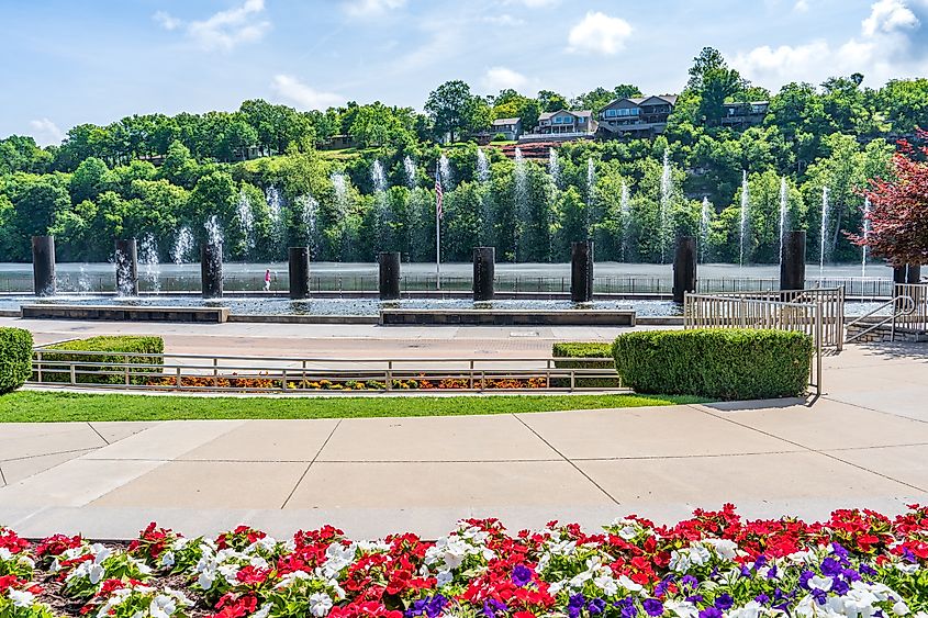 gardens and fountains at Branson Landing in Branson, Missouri.