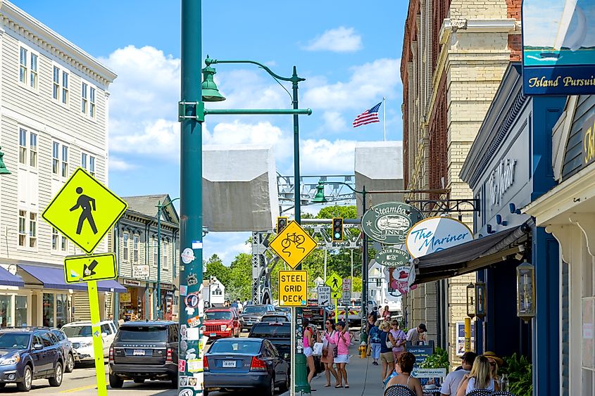 The busy downtown area of Mystic, Connecticut. 