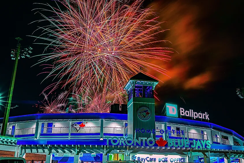 Fireworks over the TD Ballpark in Dunedin, Florida.