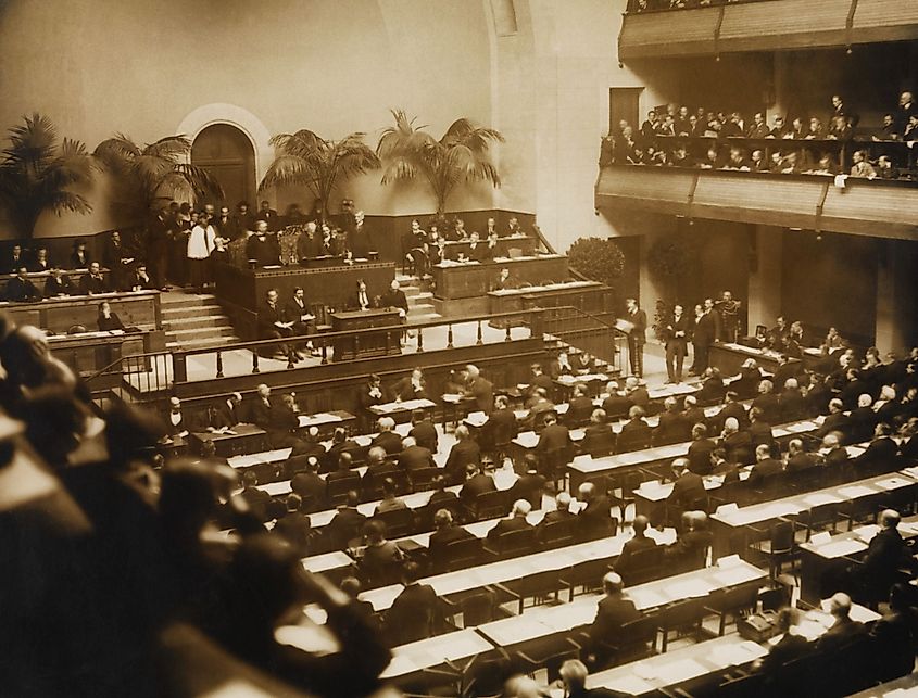 Official opening of the League of Nations, Geneva, Switzerland, 1920. Shutterstock.