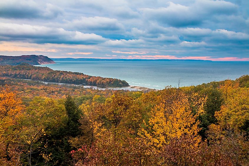 A dramatic sunset over Lake Michigan as seen from Sleeping Bear Sand Dunes National Park.