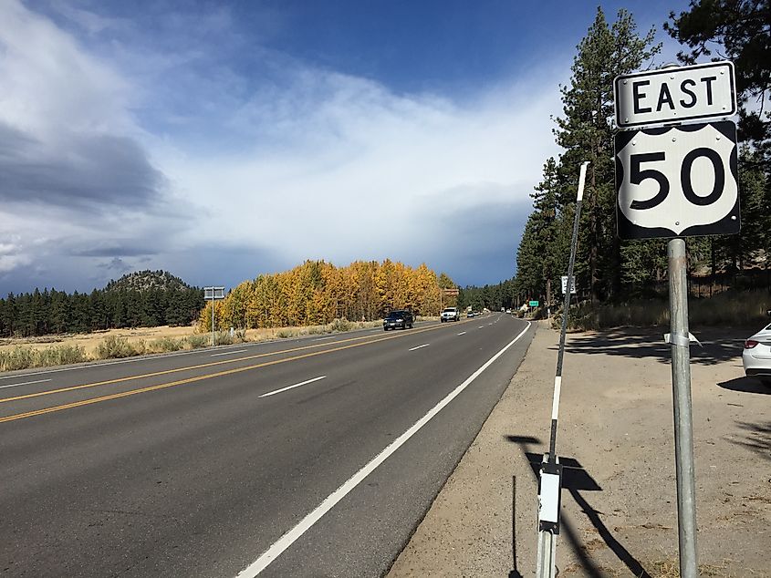 First reassurance sign for eastbound U.S. Route 50, situated along the highway after crossing from South Lake Tahoe, California, into Stateline, Nevada.