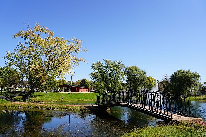 Water fountain spraying at Pauquette Park in Portage, Wisconsin.