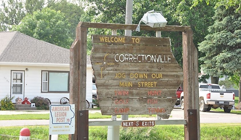 Sign welcoming visitors to Correctionville, Iowa.