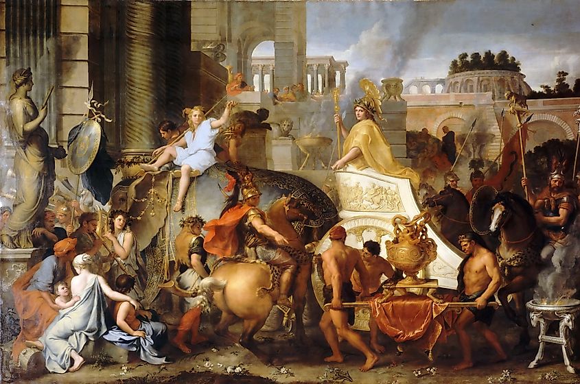 "Entry of Alexander into Babylon", a 1665 painting by Charles LeBrun, depicts Alexander the Great's uncontested entry into the city of Babylon, envisioned with pre-existing Hellenistic architecture.