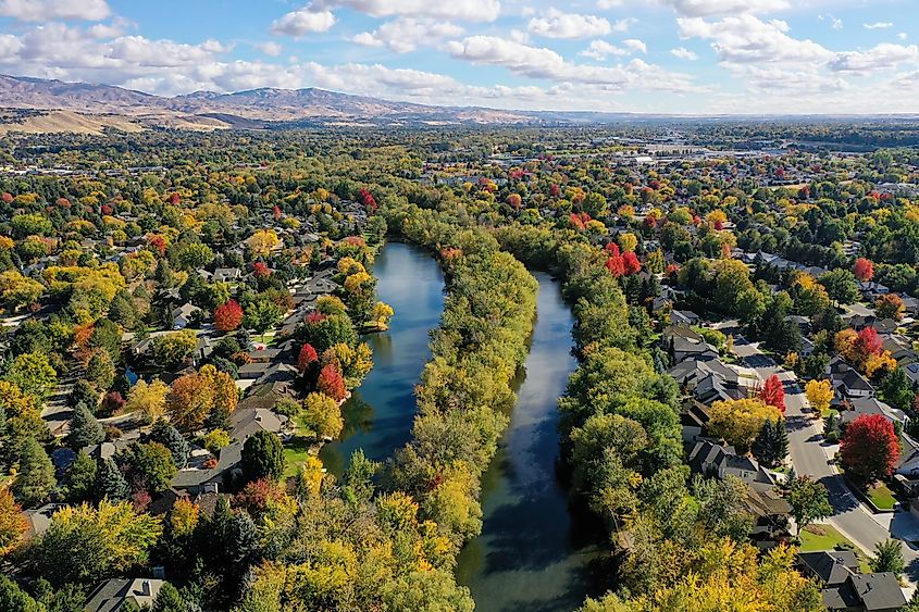 Aerial view of Boise River and Garden City.