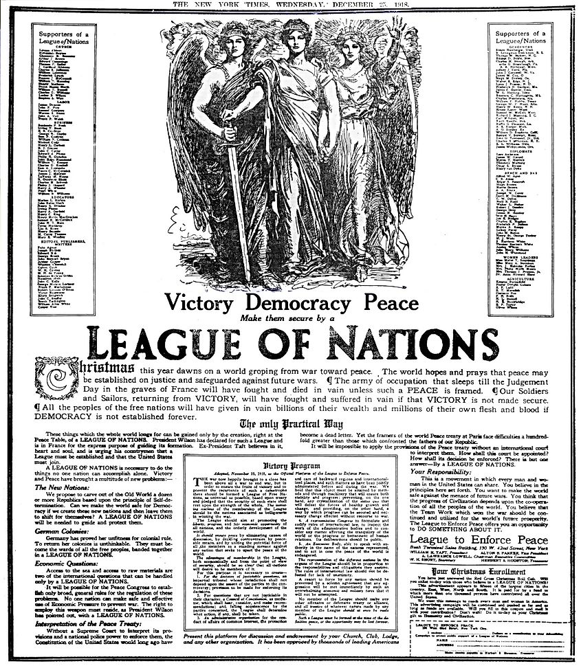 Full Page Promotion in the New York Times advocating for the formation of the League of Nations