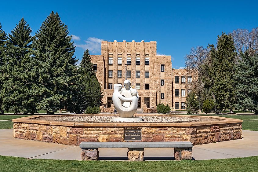 The University Family Sculpture and Prexy's Pasture at the University of Wyoming in Laramie, Wyoming.