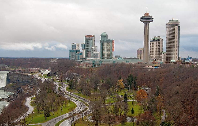 The skyline of Niagara Falls near the edge of the Horseshoe Falls (at left). 