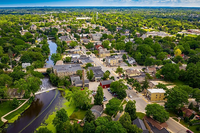 Aerial view of downtown Cedarburg in Wisconsin.