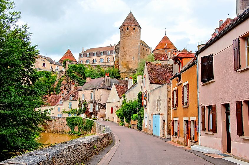 View toward the ancient fortified town of Semur en Auxois, Burgundy, France.