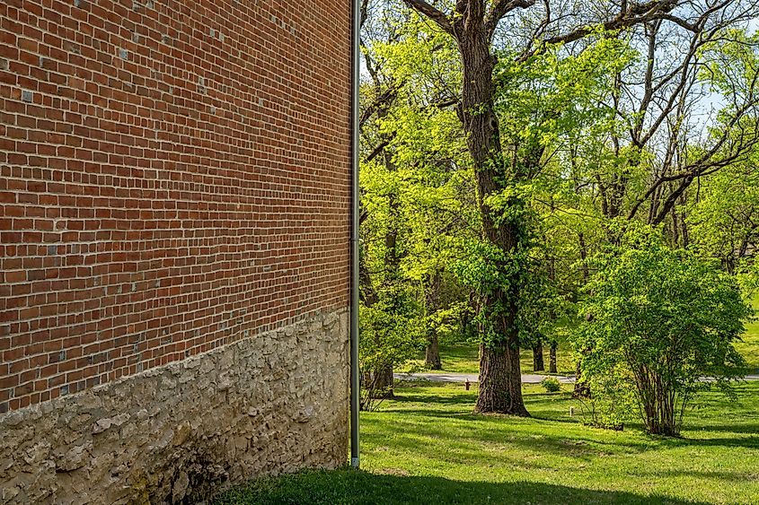 The brick wall of an old building in Arrow Rock, Missouri.