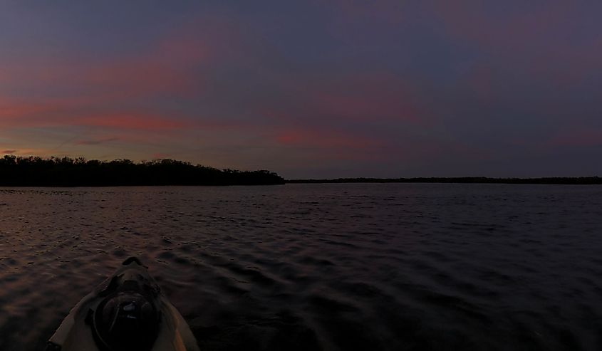 Pine Island waterway from kayak at sunset 