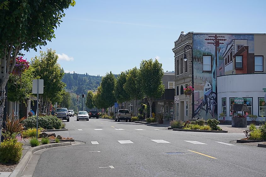 Commercial buildings line Davidson Avenue in Woodland, Washington