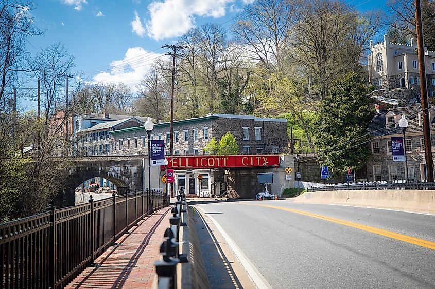 Ellicott City Historic District, Maryland, USA - Buildings constructed in the 1800s nestled in the valleys of the Tiber and Patapsco rivers.