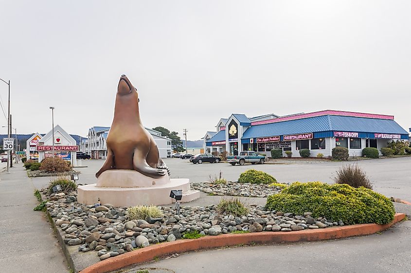 Street view near Ocean World Aquarium in Crescent City, California, with sea lions in the foreground