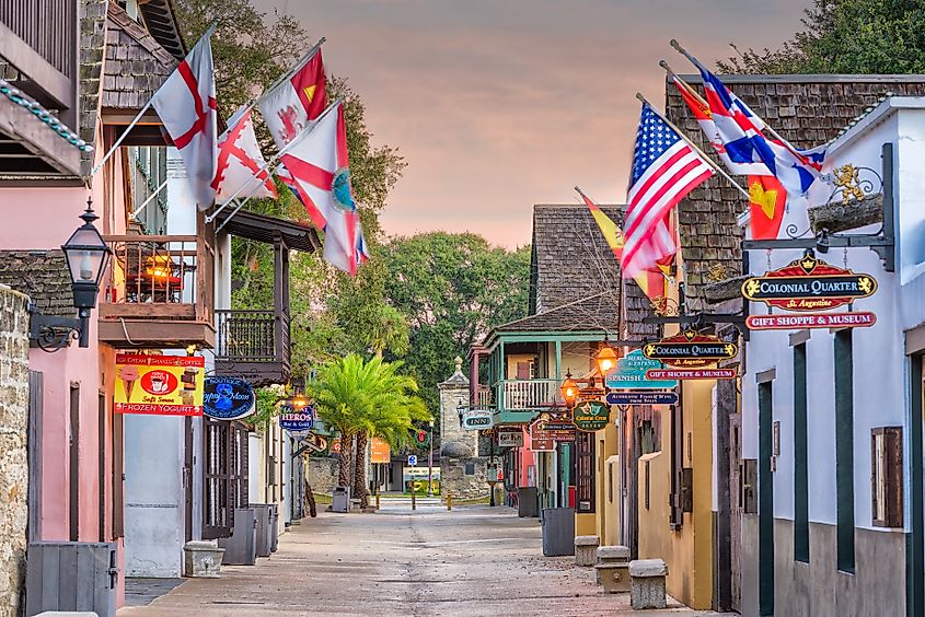 Shops and inns line St. George Street in St. Augustine, Florida.