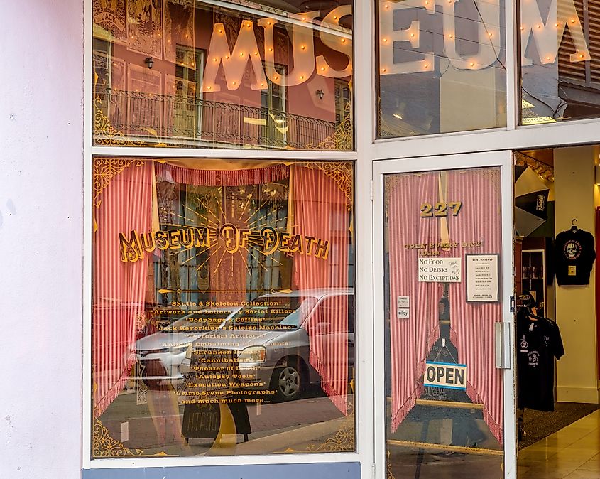 Front window of the Museum of Death on Dauphine Street. Editorial credit: William A. Morgan / Shutterstock.com