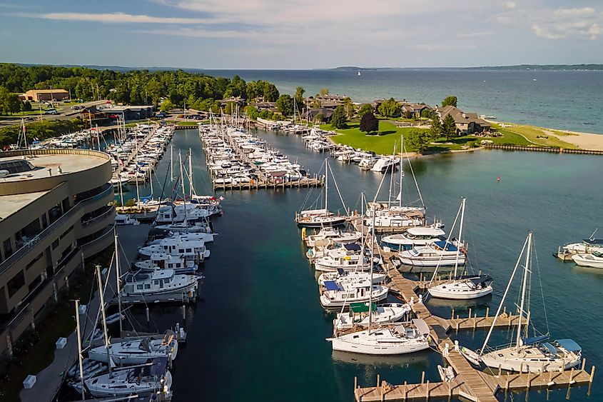 Aerial view of Traverse city marina in Michigan with several boats docked