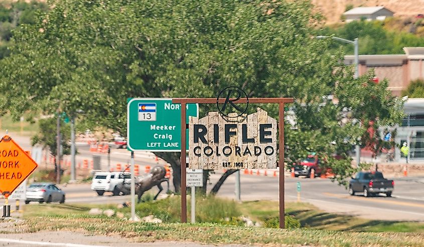 Welcome sign for historic Rifle, Colorado.