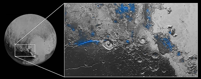 Regions where water ice has been detected (blue regions) on Pluto.