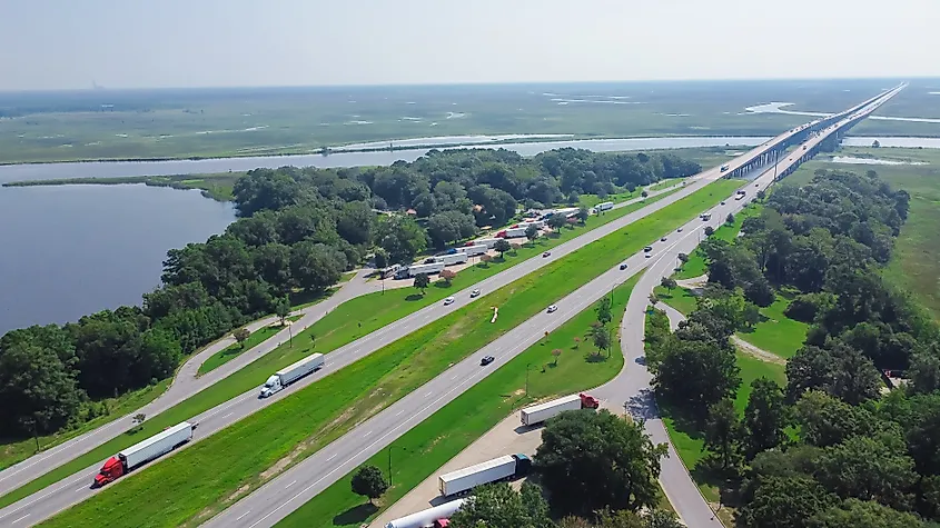 Aerial view of the Pascagoula River bridge heading into Gautier, Mississippi