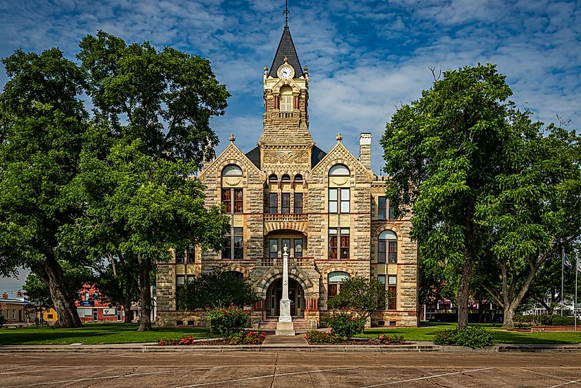 The east elevation of the historic Fayette County Courthouse in La Grange, Texas