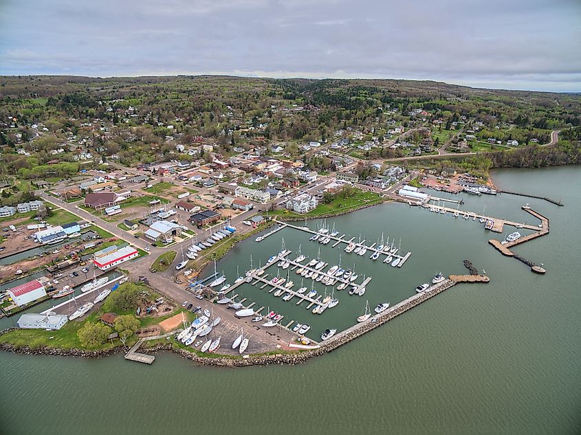 Aerial view of Bayfield, Wisconsin, and Lake Superior.