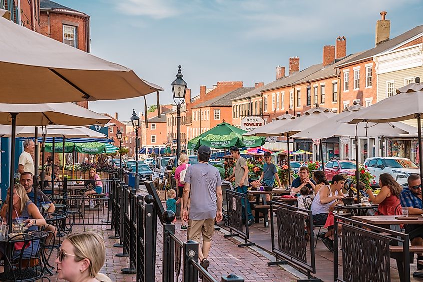 People dining in State Street, Newburyport, Massachusetts.
