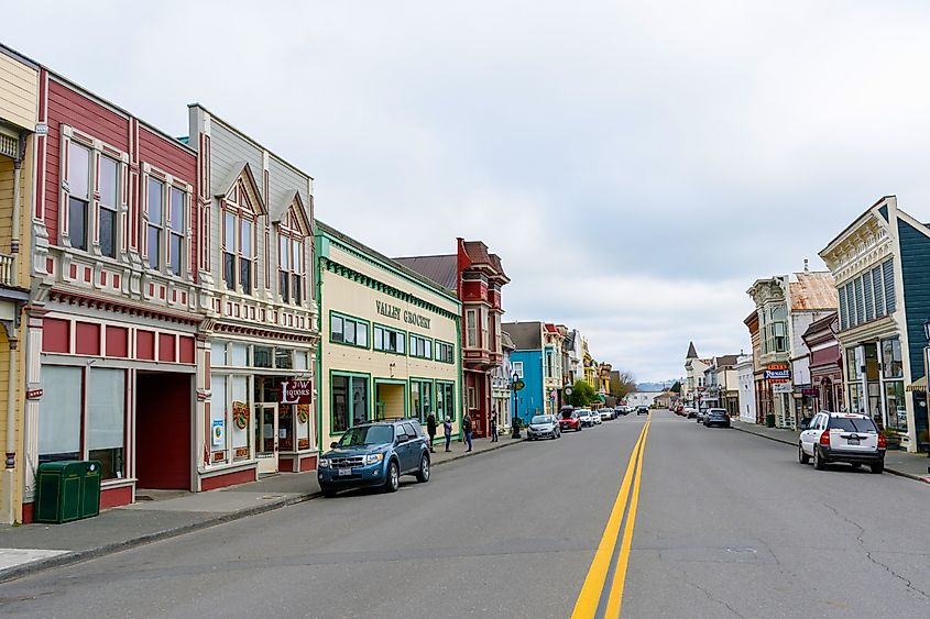 Victorian storefront buildings line the Ferndale Main Street Historic District - Ferndale, California.