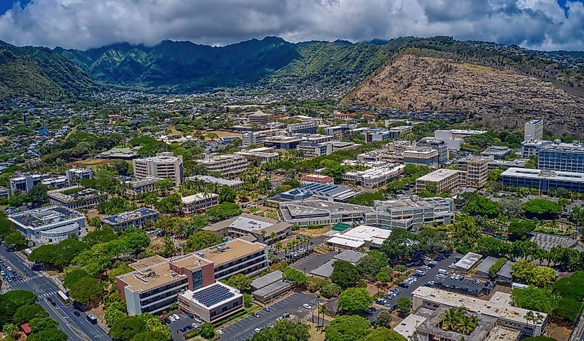 Aerial View of a large Public University in Honolulu, Hawaii