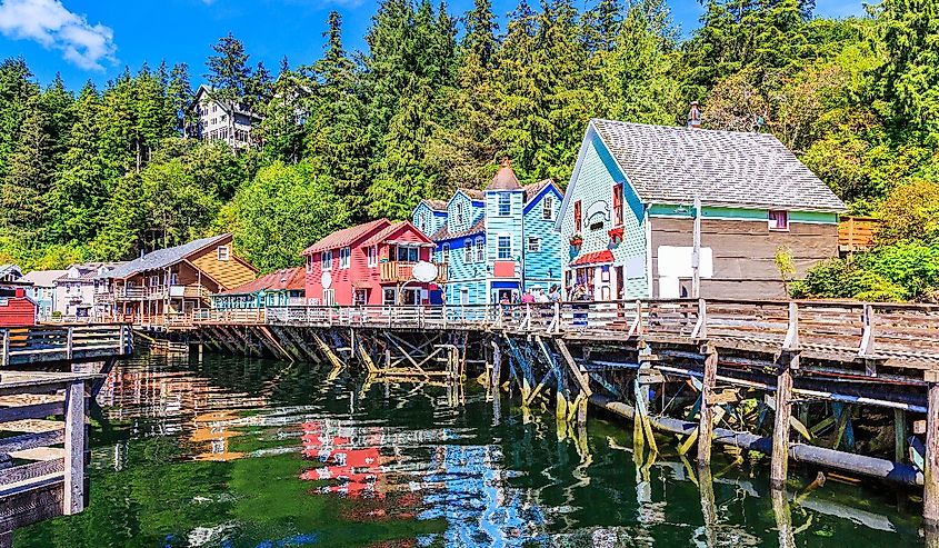 Colorful houses and boardwalk on Ketchikan Island. 