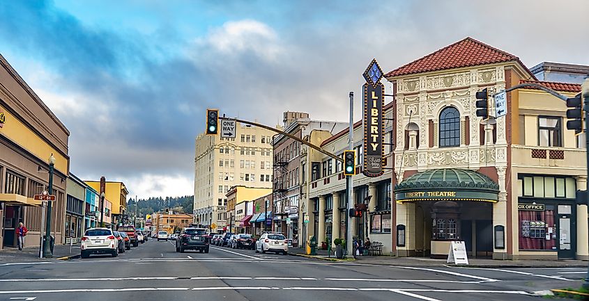 Street view of The Liberty Theater in Downtown Astoria, Oregon.