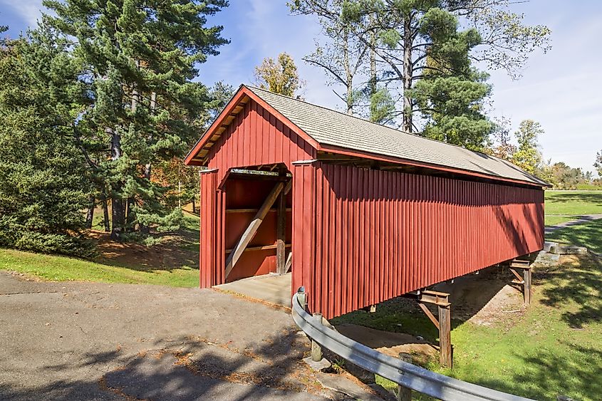 The historic Armstrong Clio Covered Bridge, built in 1849, relocated to a city park in Cambridge, Ohio, since 1966.